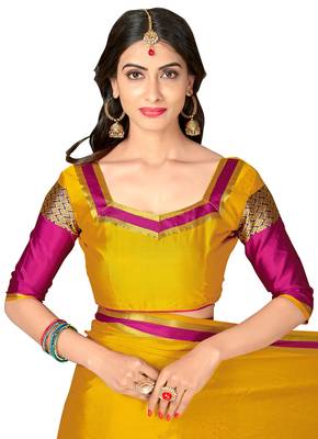 Yellow woven cotton poly saree with blouse 5