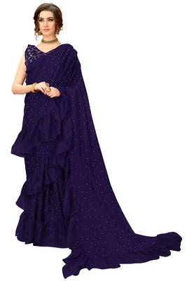 Navy blue plain chiffon saree with blouse 1