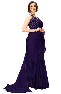 Navy blue plain chiffon saree with blouse 2