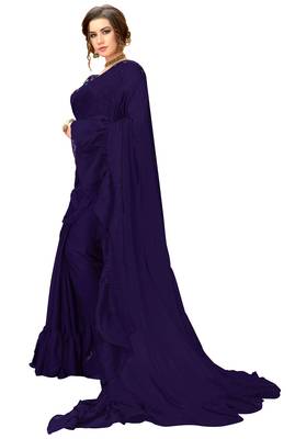 Navy blue plain chiffon saree with blouse 3