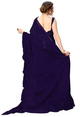 Navy blue plain chiffon saree with blouse 4