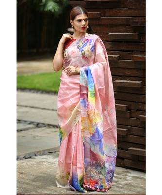 Multicolor Handwoven Printed Linen Saree 1