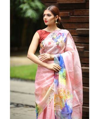 Multicolor Handwoven Printed Linen Saree 2