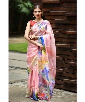 Multicolor Handwoven Printed Linen Saree 3