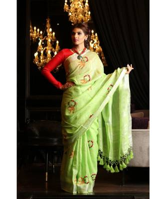 Green Shade Handwoven Linen Hand Embroidered Saree 1