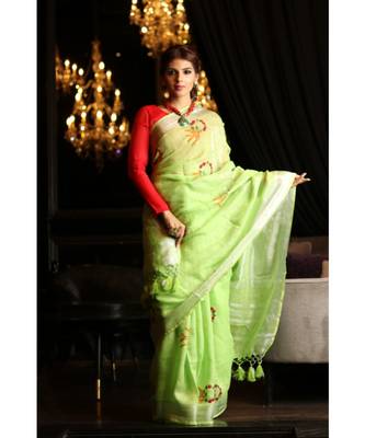 Green Shade Handwoven Linen Hand Embroidered Saree 2