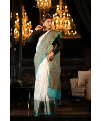 White Handwoven Linen Banarasi Saree 1