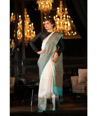 White Handwoven Linen Banarasi Saree 2