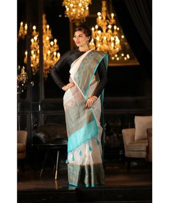 White Handwoven Linen Banarasi Saree 3