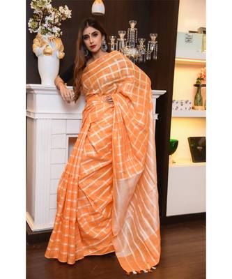 Orange Handwoven Linen Saree 1