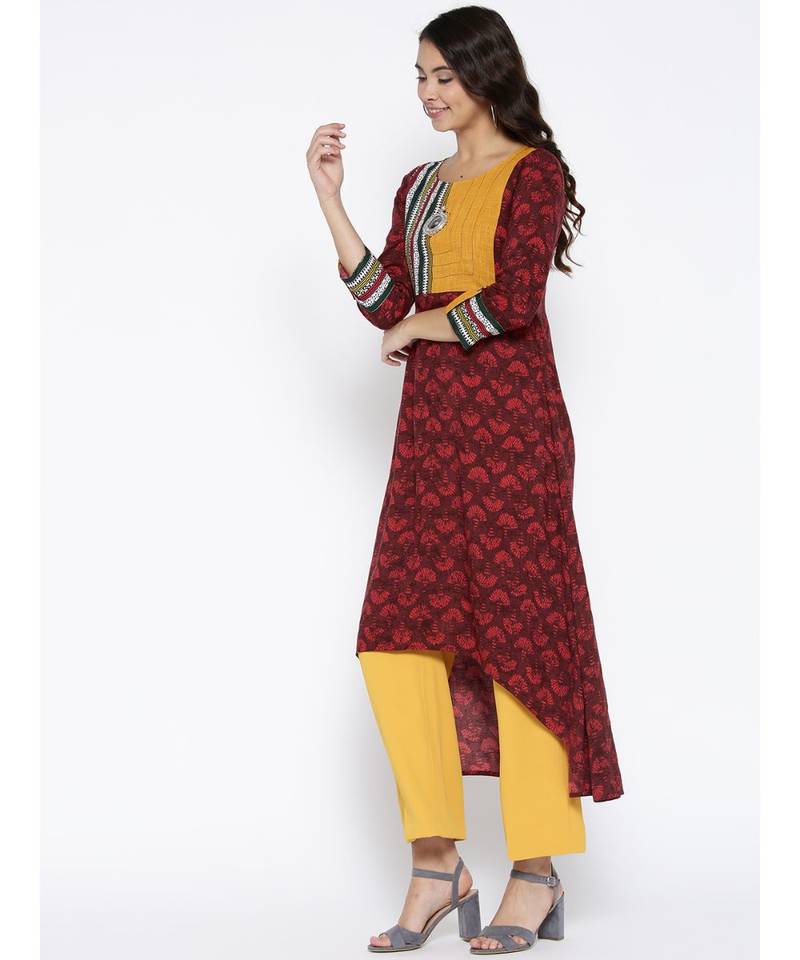 maroon printed rayon stitched kurti