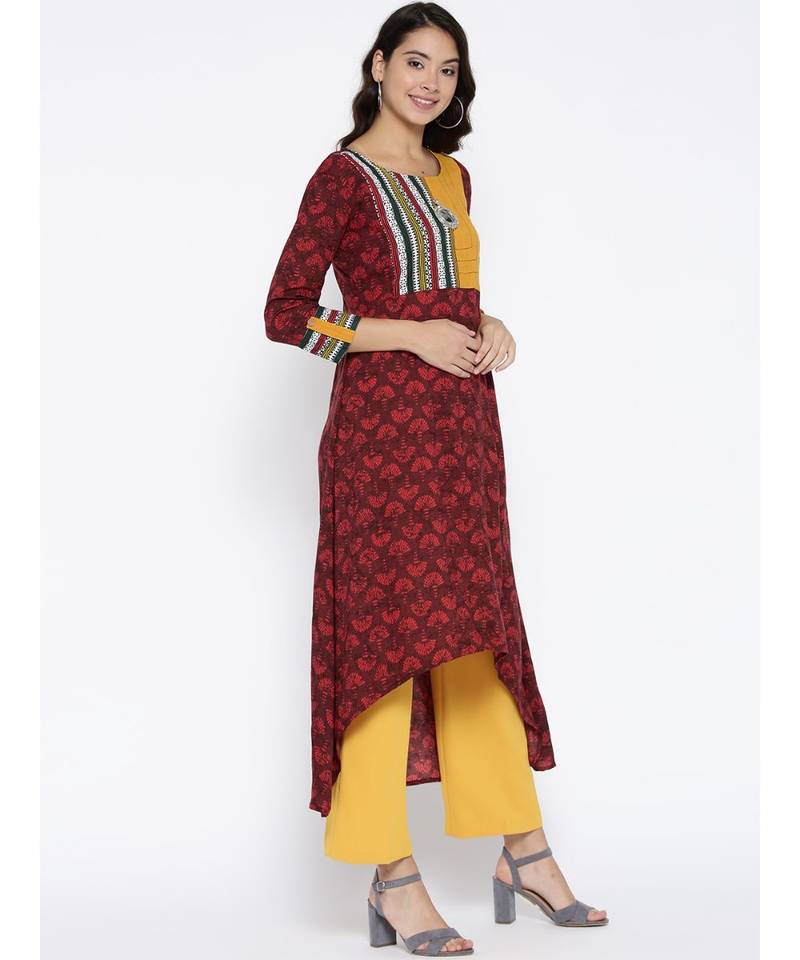 maroon printed rayon stitched kurti