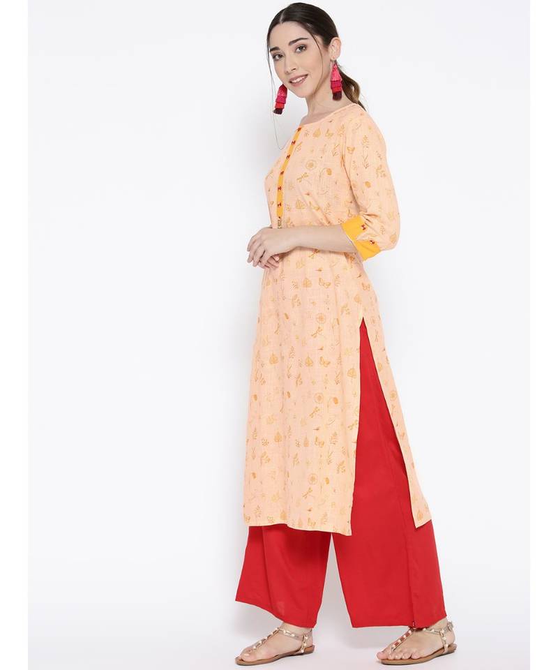 peach printed cotton stitched kurti