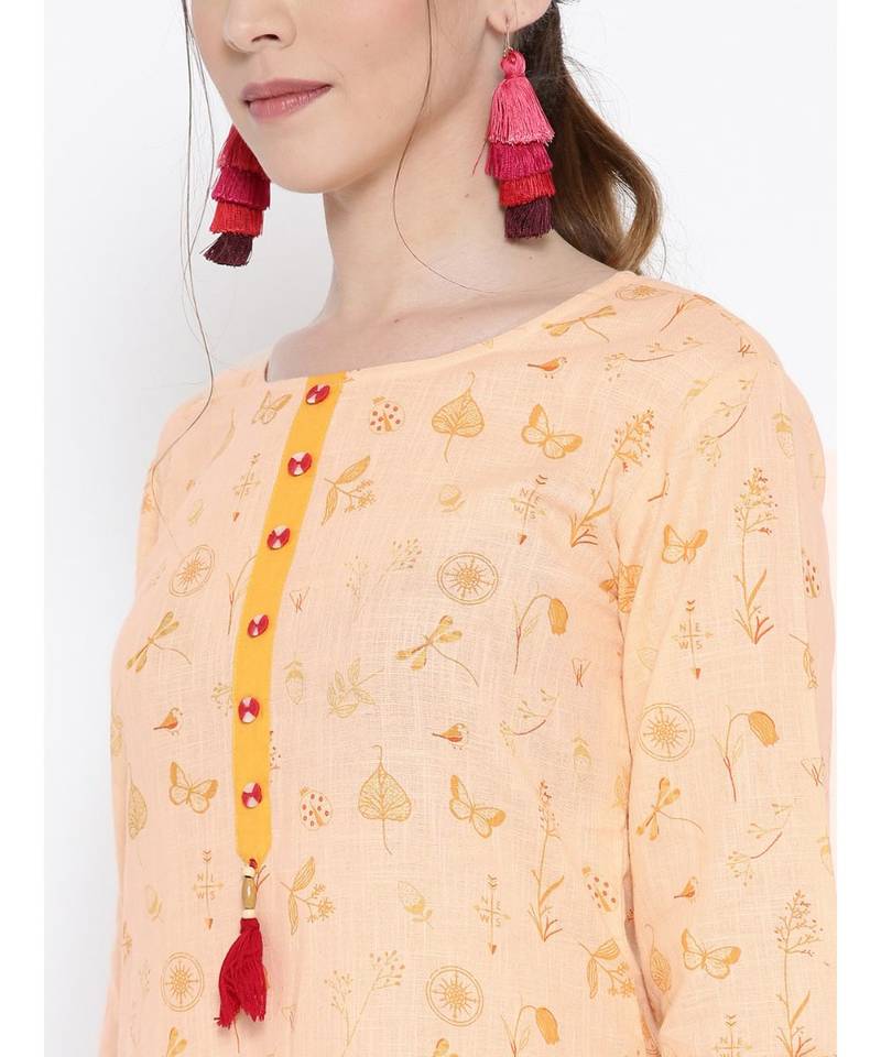 peach printed cotton stitched kurti