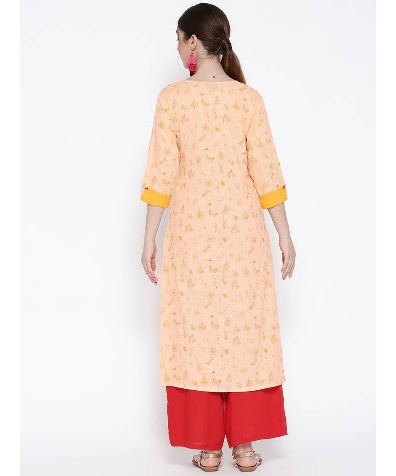 peach printed cotton stitched kurti