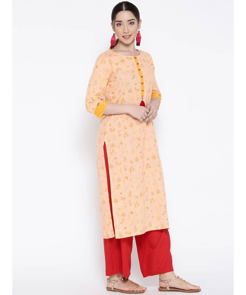 peach printed cotton stitched kurti