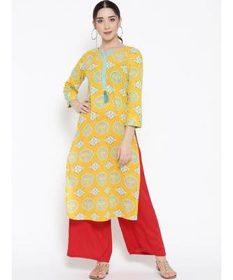 yellow printed cotton stitched kurti 1