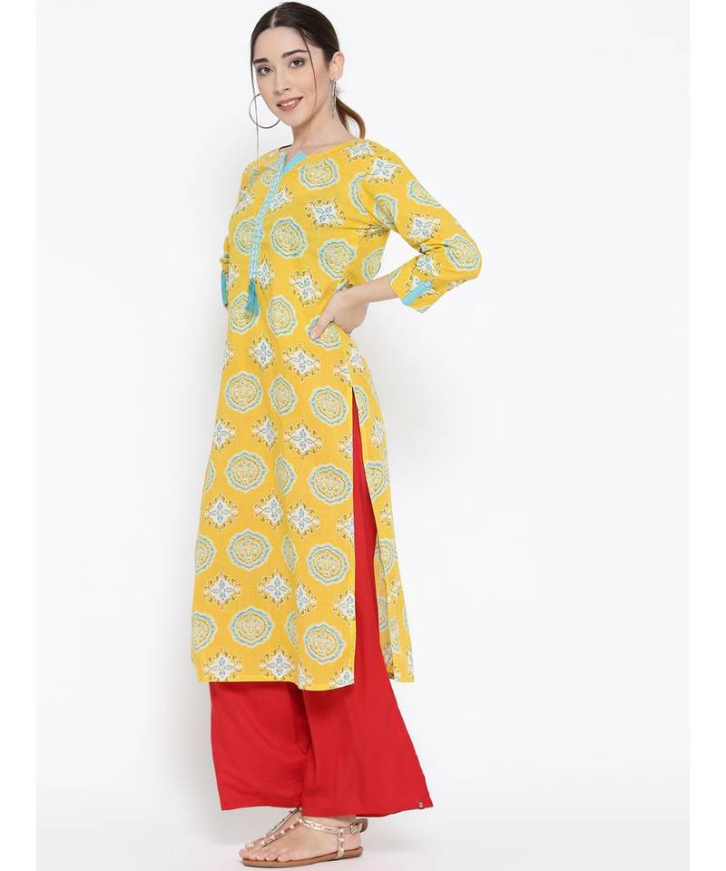 yellow printed cotton stitched kurti