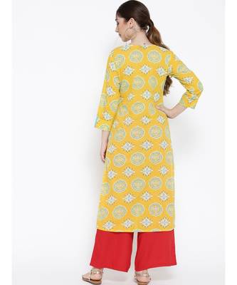 yellow printed cotton stitched kurti 3