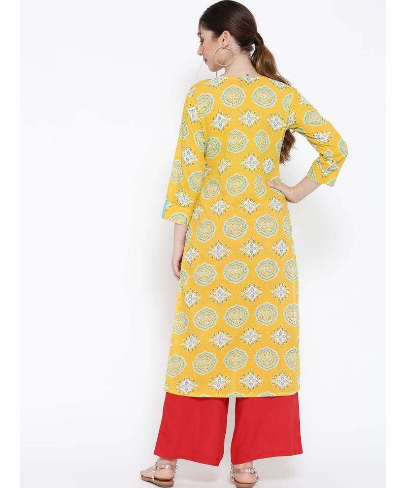 yellow printed cotton stitched kurti