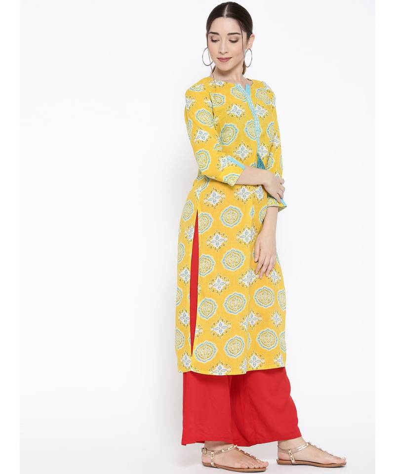 yellow printed cotton stitched kurti