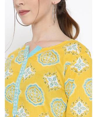 yellow printed cotton stitched kurti 5