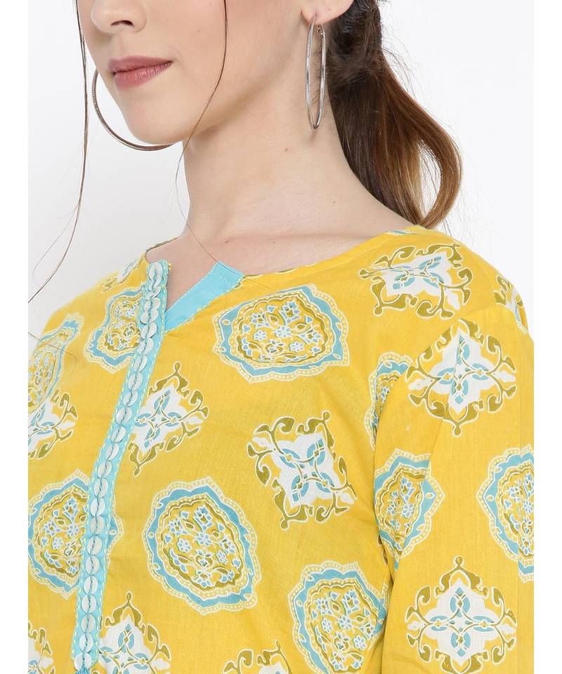 yellow printed cotton stitched kurti