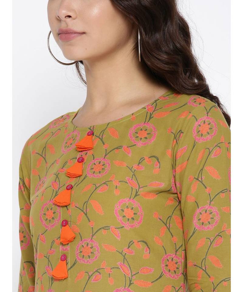 green printed cotton stitched kurti