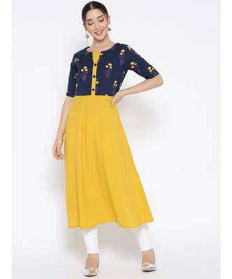 yellow printed cotton stitched kurti 1