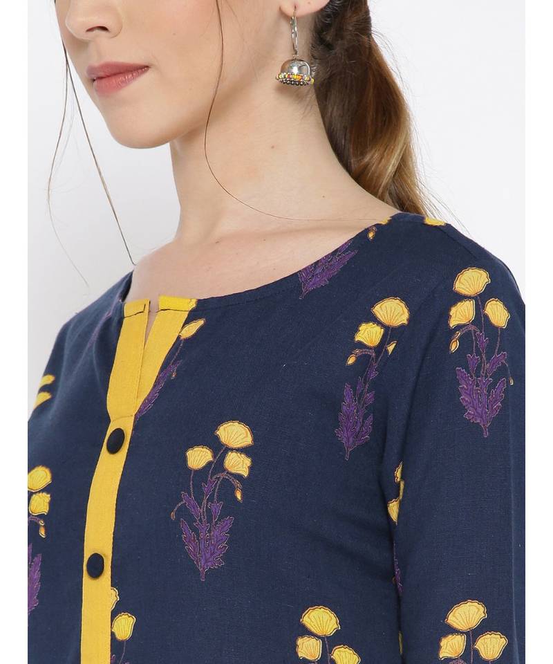 yellow printed cotton stitched kurti