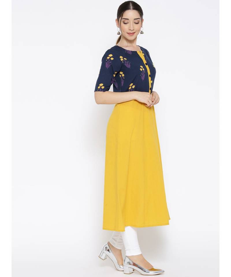 yellow printed cotton stitched kurti