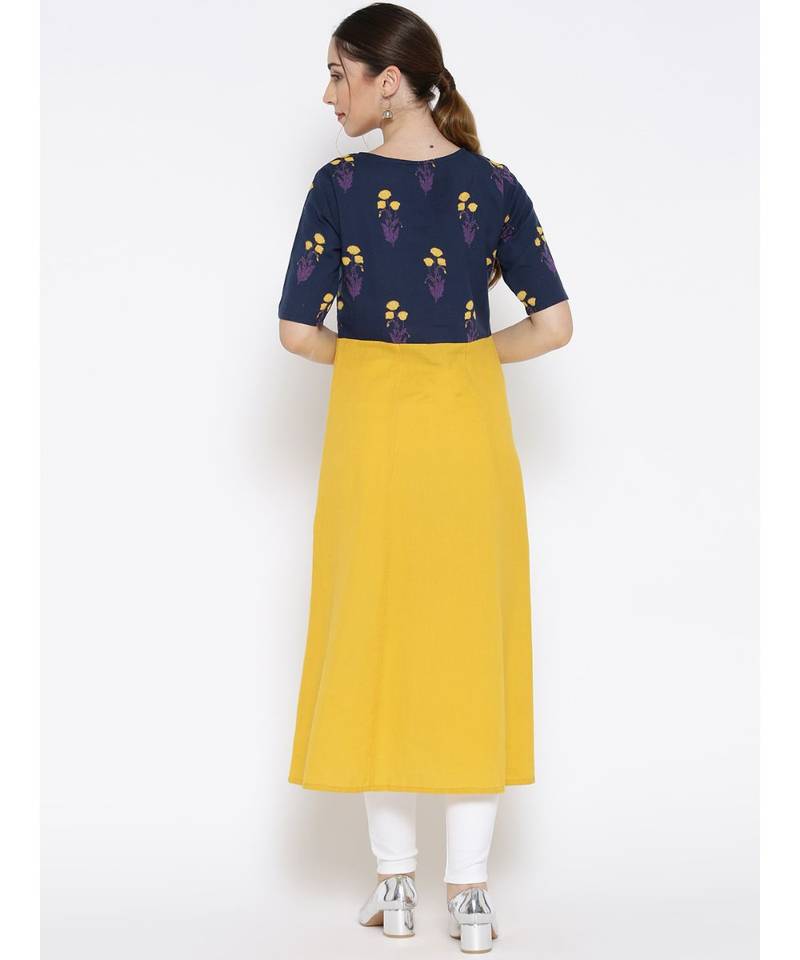 yellow printed cotton stitched kurti