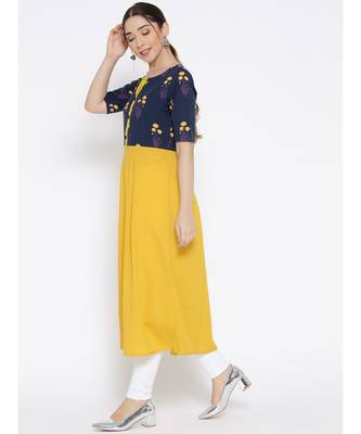 yellow printed cotton stitched kurti 5