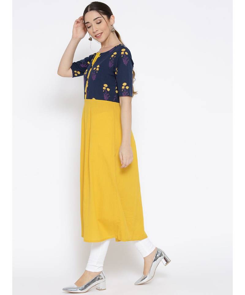 yellow printed cotton stitched kurti