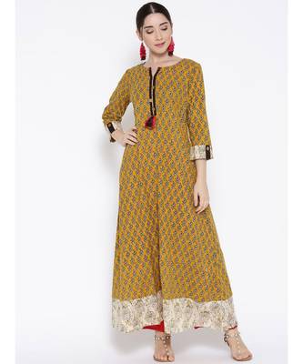 mustard printed rayon stitched kurti 1