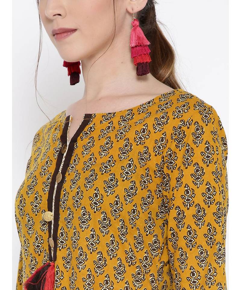 mustard printed rayon stitched kurti