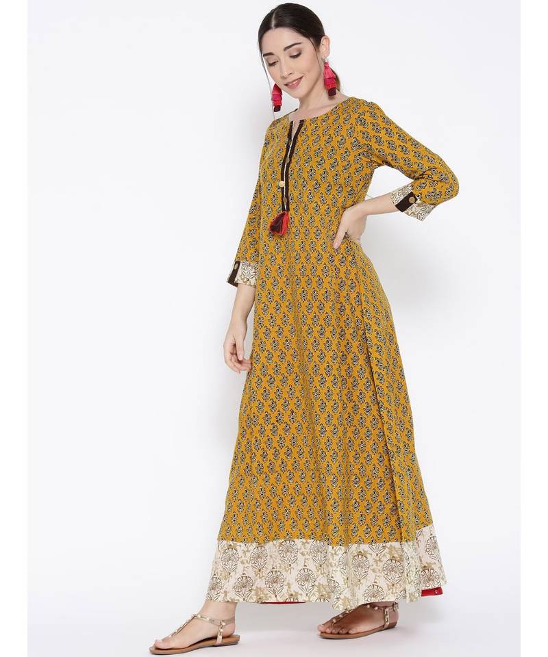 mustard printed rayon stitched kurti