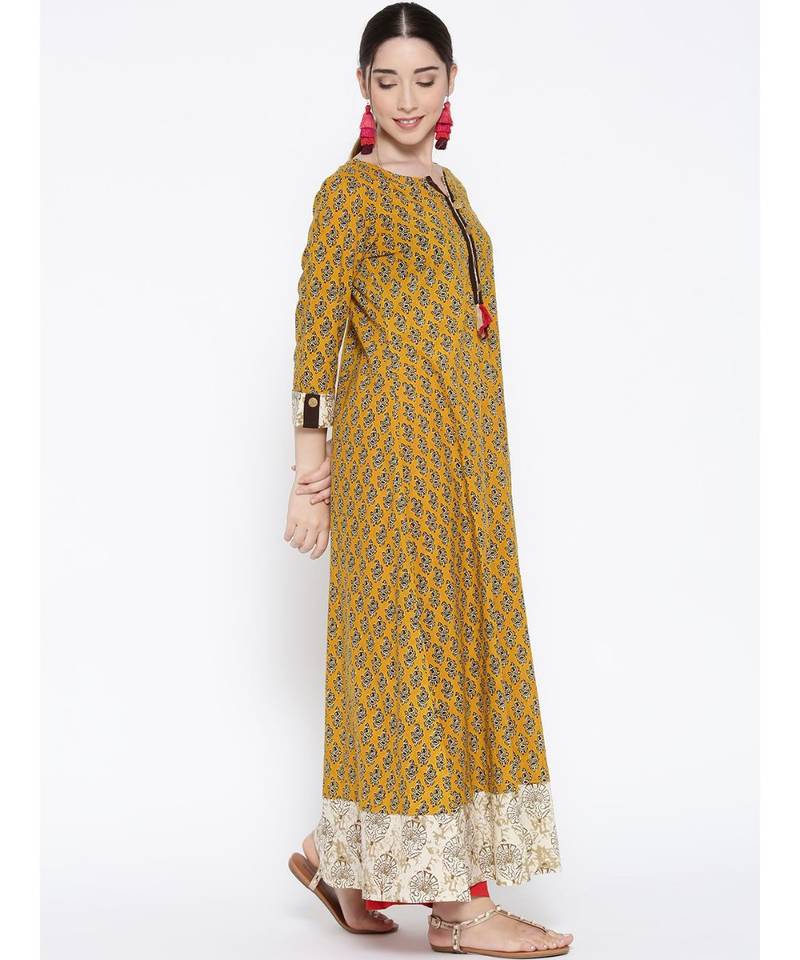 mustard printed rayon stitched kurti