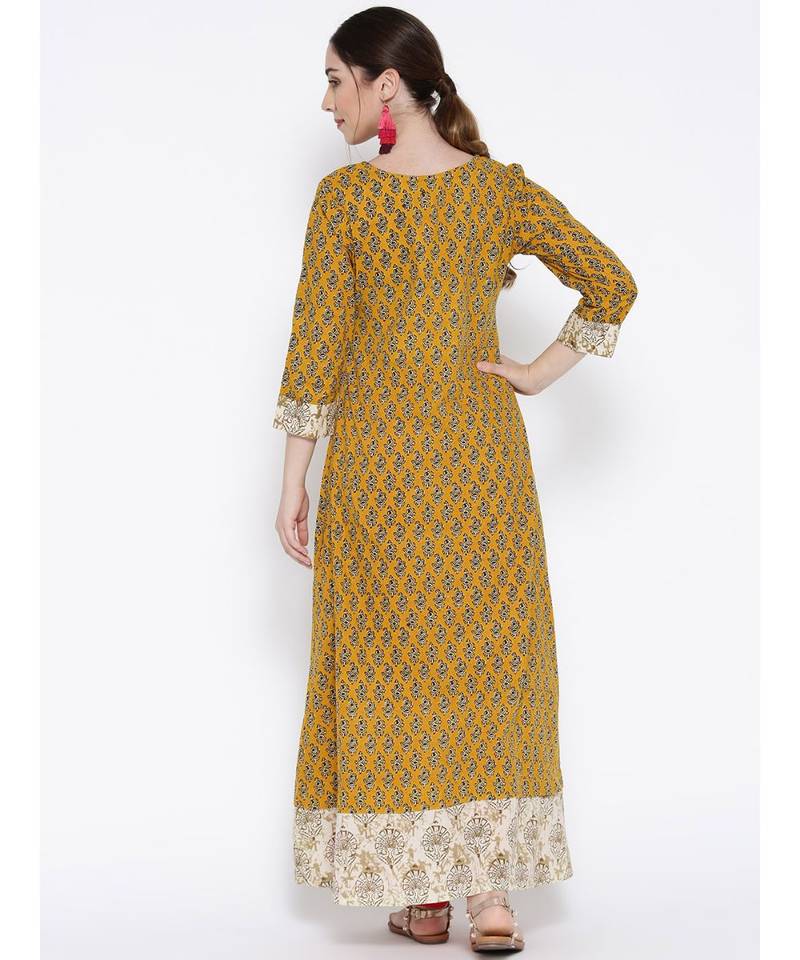 mustard printed rayon stitched kurti