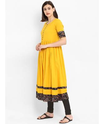 yellow plain cotton stitched kurti 4