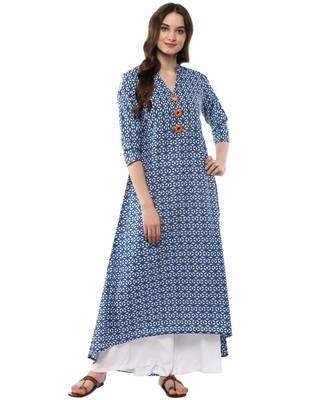 blue printed cotton stitched kurti 1