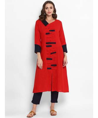 red plain cotton stitched kurti 1