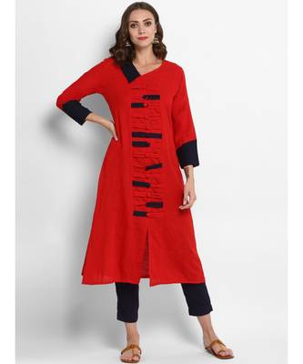 red plain cotton stitched kurti 2