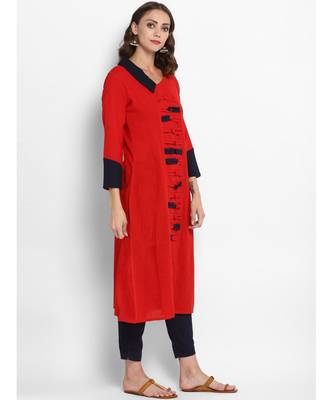 red plain cotton stitched kurti 5