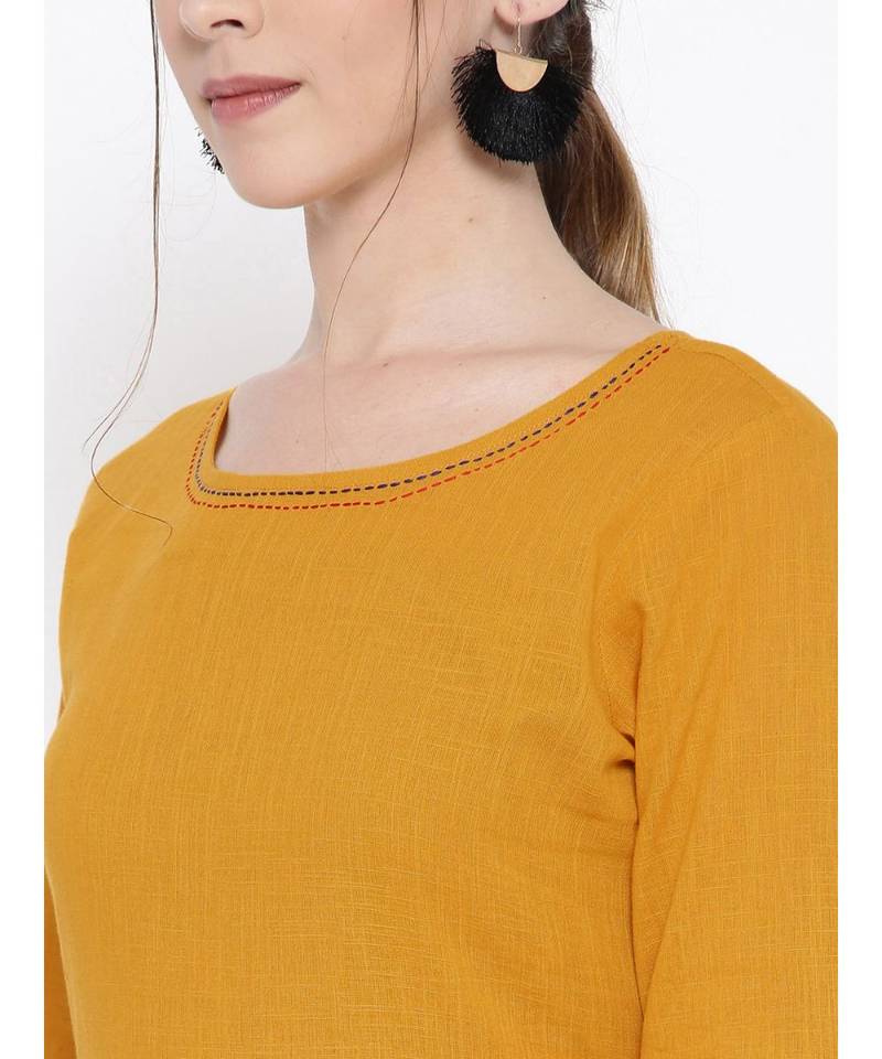 yellow plain cotton stitched kurti