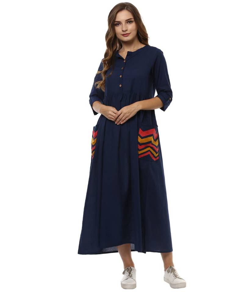 blue plain cotton stitched kurti