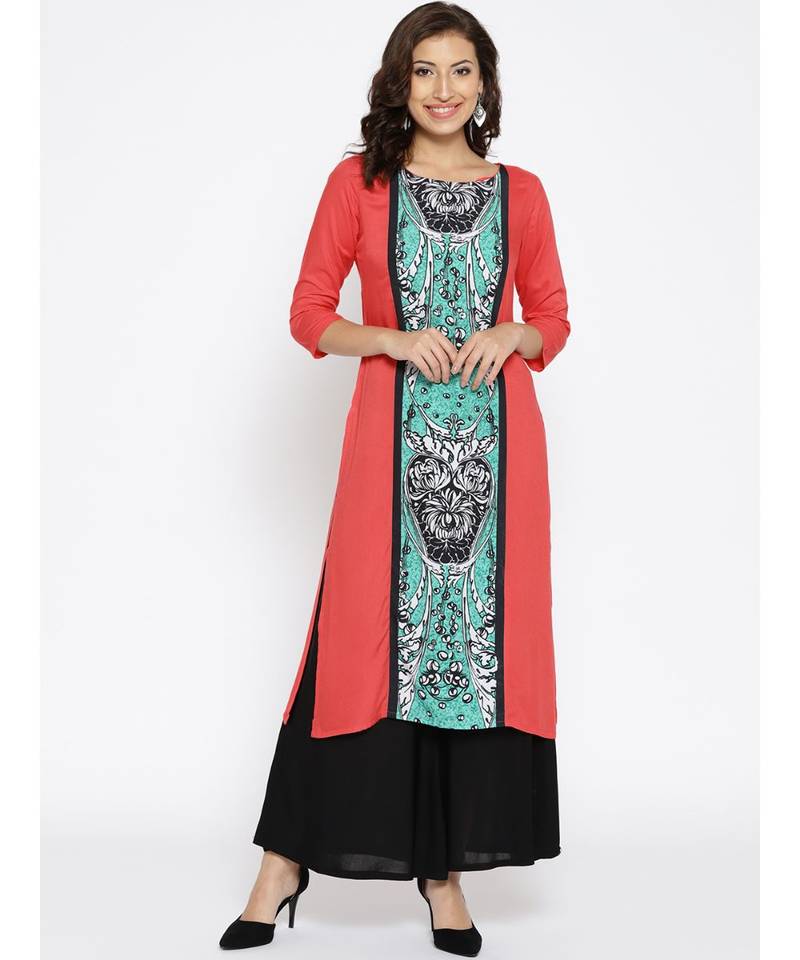 peach printed rayon stitched kurti