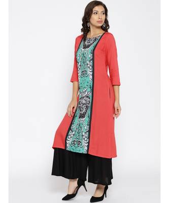 peach printed rayon stitched kurti 2