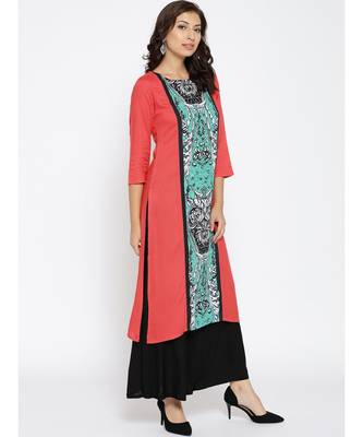 peach printed rayon stitched kurti 5