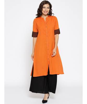 orange plain cotton stitched kurti 1